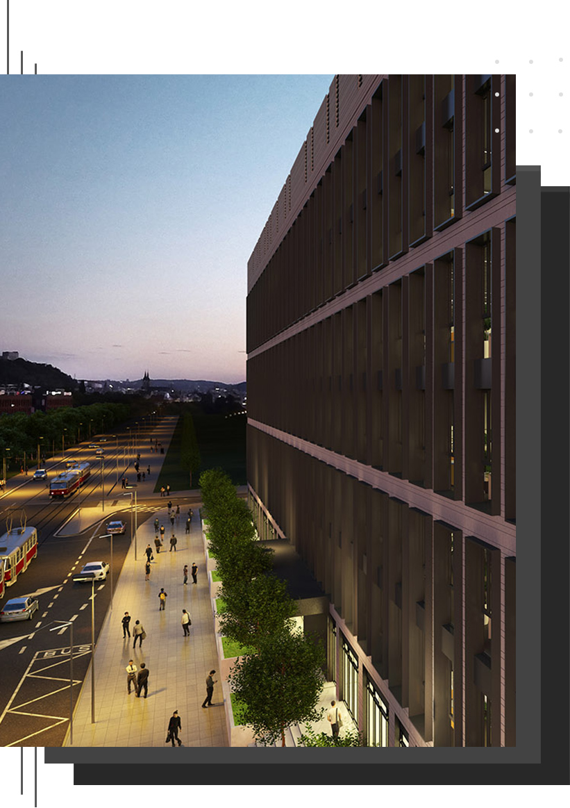 Lidé stojící před budovou projektu Rustonka